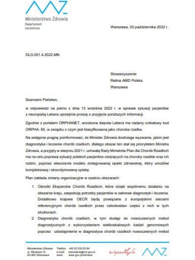 Odpowiedź Ministerstwa Zdrowia na pismo Retina AMD Polska